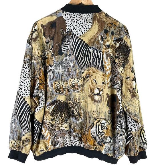 Vintage 80s Atlantic Beach 100% Silk Safari Animal Lightweight Bomber Jacket, XL - Picture 8 of 15